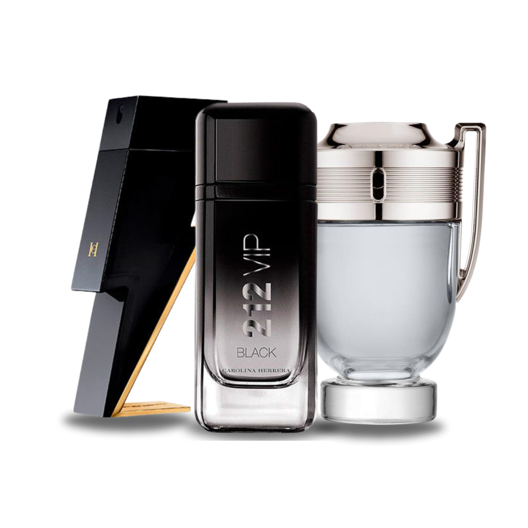 Combo de 3 Perfumes - Bad Boy de Carolina Herrera, 212 VIP Black de Carolina Herrera e Invictus de Paco Rabanne [100 ml cada]